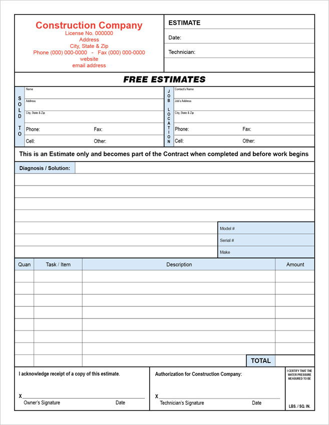 Free Printable Plumbing Estimate Forms Printable World Holiday