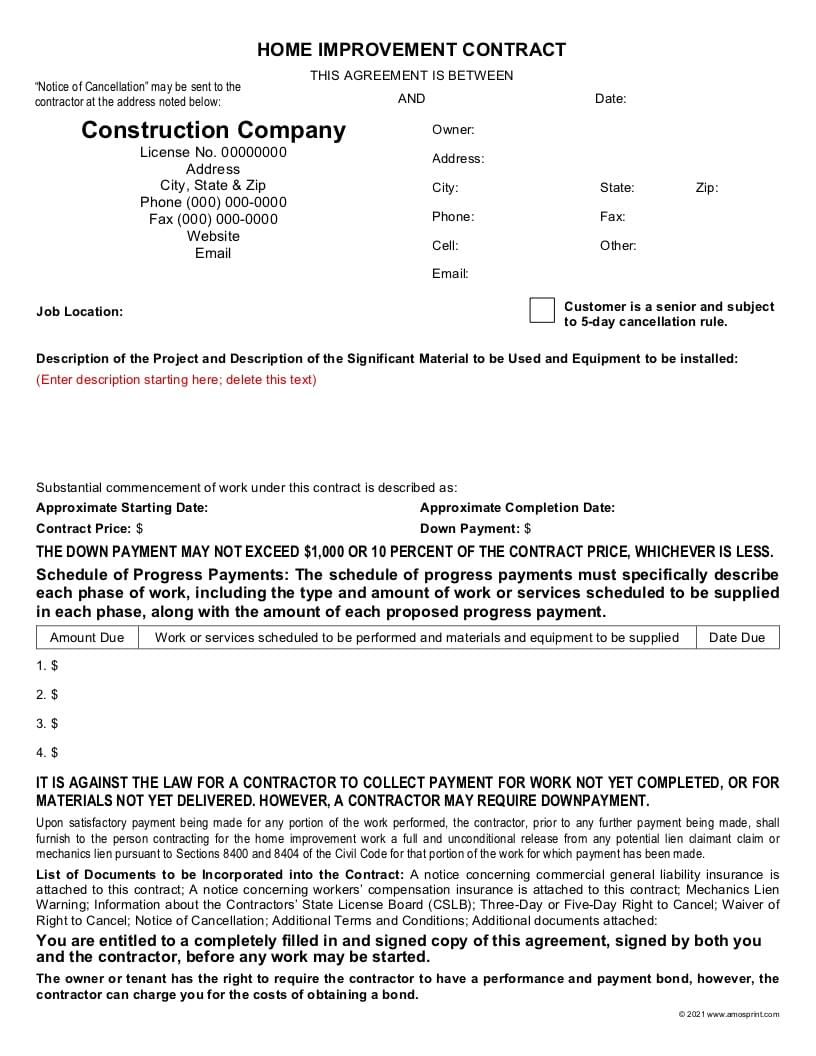 Word PDF Home Improvement Contract Forms